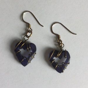 Blue Heart Wrapped Brass French Hook Earrings